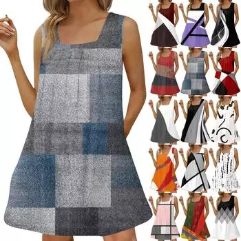 Женское модное повседневное платье без рукавов с квадратным вырезом, плиссированное платье-майка, пляжные платья с принтом L бежевый