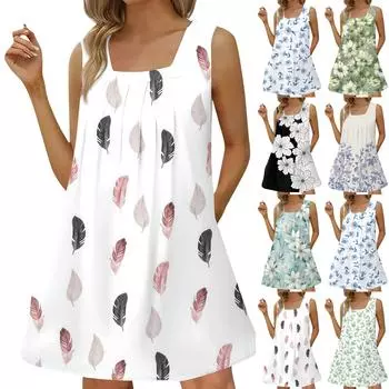 Женское модное повседневное платье без рукавов с квадратным вырезом, плиссированное платье-майка, пляжные платья с принтом L чёрный