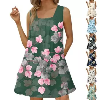 Женское модное повседневное платье без рукавов с квадратным вырезом, плиссированное платье-майка, пляжные платья с принтом L бежевый