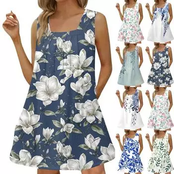 Женское модное повседневное платье без рукавов с квадратным вырезом, плиссированное платье-майка, пляжные платья с принтом L синий