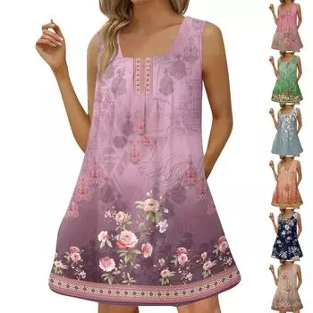 Женское модное повседневное платье без рукавов с квадратным вырезом, плиссированное платье-майка, пляжные платья с принтом L верблюд