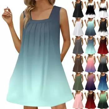 Женское модное повседневное платье без рукавов с квадратным вырезом, плиссированное платье-майка, пляжные платья с принтом L