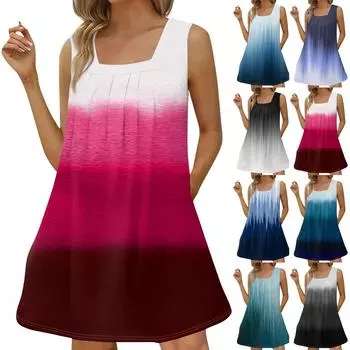 Женское модное повседневное платье без рукавов с квадратным вырезом, плиссированное платье-майка, пляжные платья с принтом L чёрный