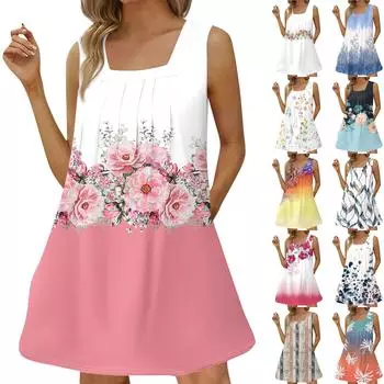 Женское модное повседневное платье без рукавов с квадратным вырезом, плиссированное платье-майка, пляжные платья с принтом L синий