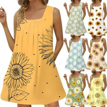 Женское модное повседневное платье без рукавов с квадратным вырезом, плиссированное платье-майка, пляжные платья с принтом XXL хаки