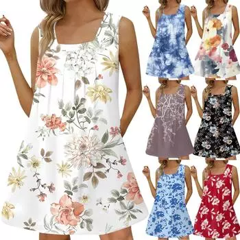 Женское модное повседневное платье без рукавов с квадратным вырезом, плиссированное платье-майка, пляжные платья с принтом M белый