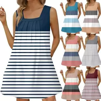 Женское модное повседневное платье без рукавов с квадратным вырезом, плиссированное платье-майка, пляжные платья с принтом XL синий