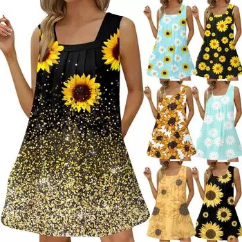 Женское модное повседневное платье без рукавов с квадратным вырезом, плиссированное платье-майка, пляжные платья с принтом XL
