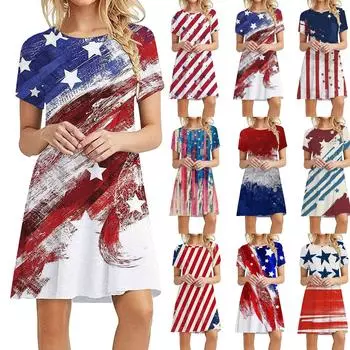 Женское модное повседневное платье без рукавов с короткими рукавами и принтом на День независимости XL белый