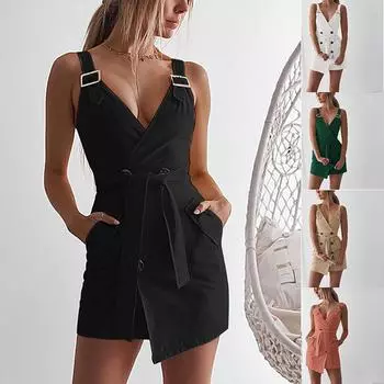 Женское модное повседневное платье без рукавов с v-образным вырезом и пуговицами уздечки M чёрный