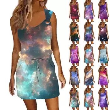 Женское модное повседневное платье без рукавов с принтом и завязками на шнурке с карманами L чёрный