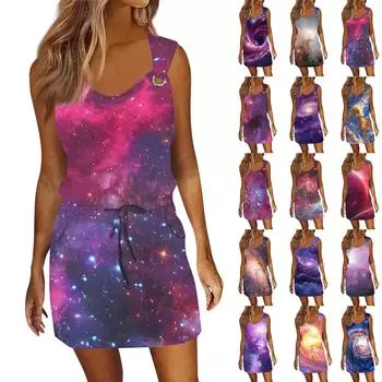 Женское модное повседневное платье без рукавов с принтом и завязками на шнурке с карманами L синий