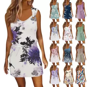 Женское модное повседневное платье без рукавов с принтом и завязками на шнурке с карманами L бежевый