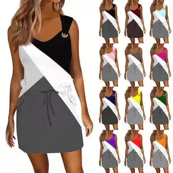 Женское модное повседневное платье без рукавов с принтом и завязками на шнурке с карманами L чёрный