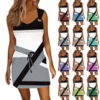 Женское модное повседневное платье без рукавов с принтом и завязками на шнурке с карманами L синий