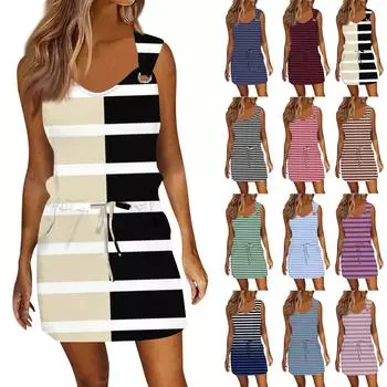 Женское модное повседневное платье без рукавов с принтом и завязками на шнурке с карманами L бежевый