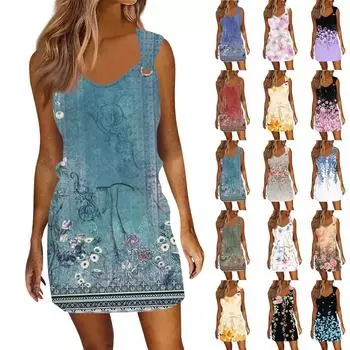 Женское модное повседневное платье без рукавов с принтом и завязками на шнурке с карманами L армия зеленый