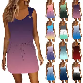 Женское модное повседневное платье без рукавов с принтом и завязками на шнурке с карманами L чёрный