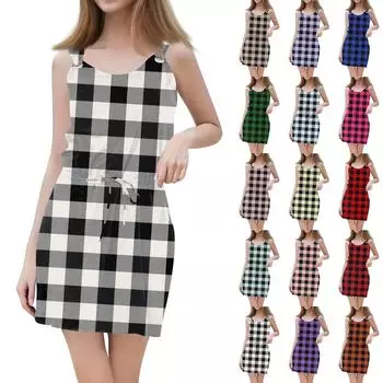 Женское модное повседневное платье без рукавов с принтом и завязками на шнурке с карманами L синий