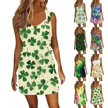 Женское модное повседневное платье без рукавов с принтом и завязками на шнурке с карманами L армия зеленый