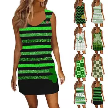 Женское модное повседневное платье без рукавов с принтом и завязками на шнурке с карманами L армия зеленый