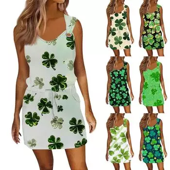 Женское модное повседневное платье без рукавов с принтом и завязками на шнурке с карманами L армия зеленый