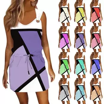 Женское модное повседневное платье без рукавов с принтом и завязками на шнурке с карманами XL