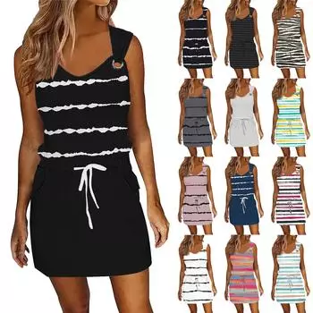 Женское модное повседневное платье без рукавов с принтом и завязками на шнурке с карманами L розовый