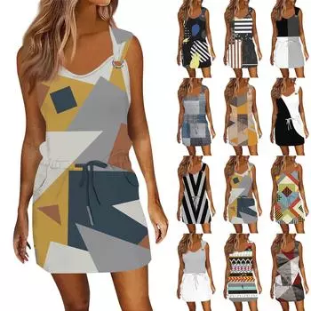 Женское модное повседневное платье без рукавов с принтом и завязками на шнурке с карманами XXXL тёмно-синий