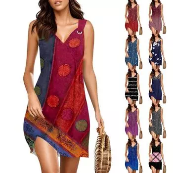 Женское модное повседневное платье без рукавов с V-образным вырезом и принтом в стиле ретро XL