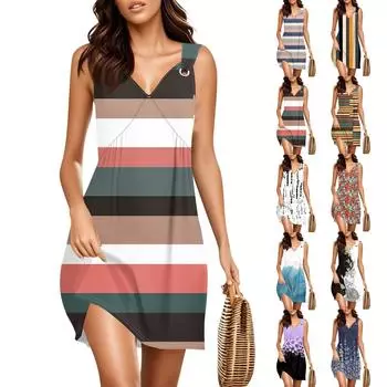 Женское модное повседневное платье без рукавов с V-образным вырезом и принтом в стиле ретро XL