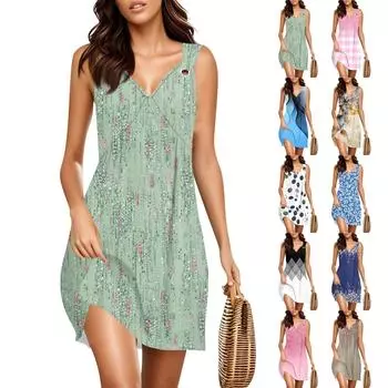 Женское модное повседневное платье без рукавов с V-образным вырезом и принтом в стиле ретро XXL чёрный