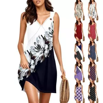 Женское модное повседневное платье без рукавов с V-образным вырезом и принтом в стиле ретро XL