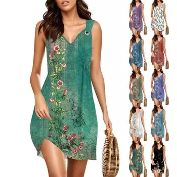 Женское модное повседневное платье без рукавов с V-образным вырезом и принтом в стиле ретро L зелёный