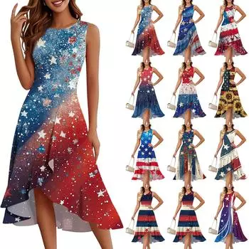 Женское модное повседневное платье без рукавов с круглым вырезом на молнии с принтом «День независимости» с элегантными оборками и темпераментом XXL бежевый