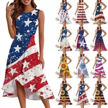 Женское модное повседневное платье без рукавов с круглым вырезом на молнии с принтом «День независимости» с элегантными оборками и темпераментом L