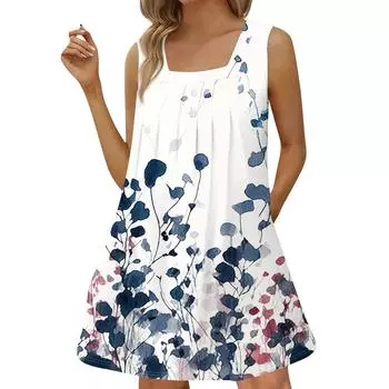 Женское модное повседневное платье без рукавов с квадратным вырезом, плиссированное платье-майка, пляжные платья с принтом S розовый