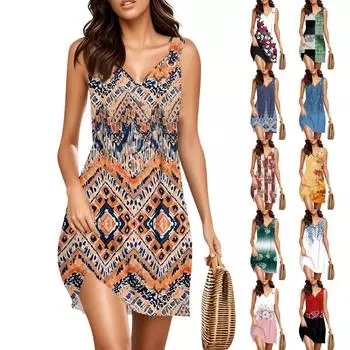 Женское модное повседневное платье без рукавов с V-образным вырезом и принтом в стиле ретро XXL жёлтый