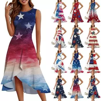 Женское модное повседневное платье без рукавов с круглым вырезом на молнии с принтом «День независимости» с элегантными оборками и темпераментом L бежевый