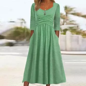 Женское модное повседневное платье больших размеров с квадратным воротником и перекрестными пуговицами S зелёный