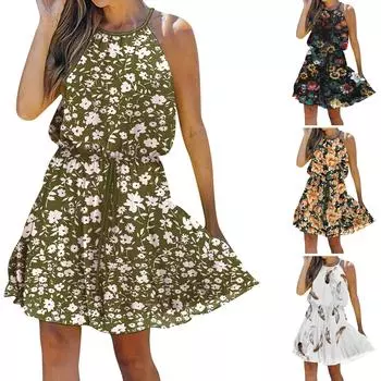 Женское модное повседневное платье-бретелька без рукавов с цветочным принтом на подтяжках XL зелёный