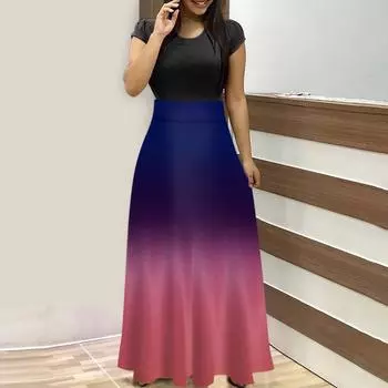 Женское модное повседневное платье длиной до пола с цветочным принтом и круглым вырезом с короткими рукавами XXL