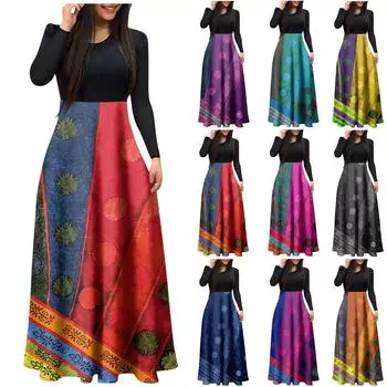 Женское модное повседневное платье длиной до пола с круглым вырезом и длинным рукавом XXL