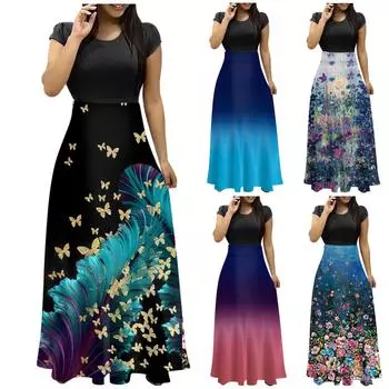 Женское модное повседневное платье длиной до пола с цветочным принтом и круглым вырезом с короткими рукавами L чёрный