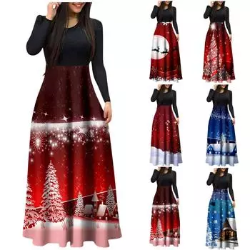 Женское модное повседневное платье длиной до пола с круглым вырезом и длинным рукавом XL синий