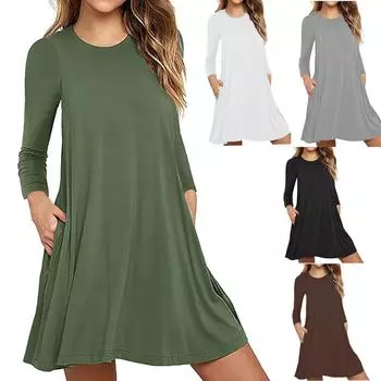 Женское модное повседневное платье-футболка с длинным рукавом и карманами S кофейный