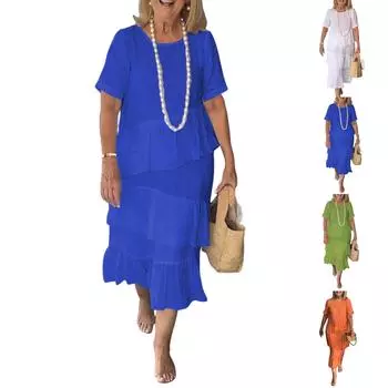 Женское модное повседневное платье из хлопка и пеньки с круглым вырезом и коротким рукавом, плиссированная длинная юбка L синий