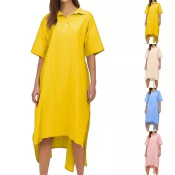 Женское модное повседневное платье из хлопка и льна с однотонными пуговицами на лацканах L бежевый