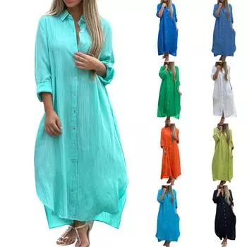 Женское модное повседневное платье-кардиган из хлопка и льна с длинными рукавами XL синий