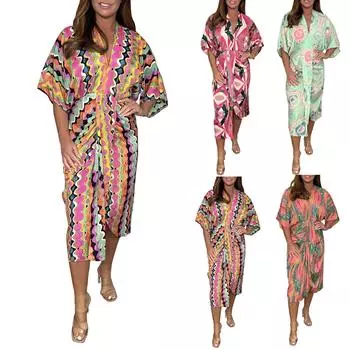 Женское модное повседневное платье-кимоно с принтом, миди-платье, плиссированное, с V-образным вырезом и короткими рукавами, туника, модное платье с принтом XL зелёный